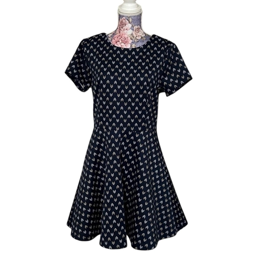 Copper Key Navy Blue Geometric Arrow Print Fit and Flare Skater Dress Large
